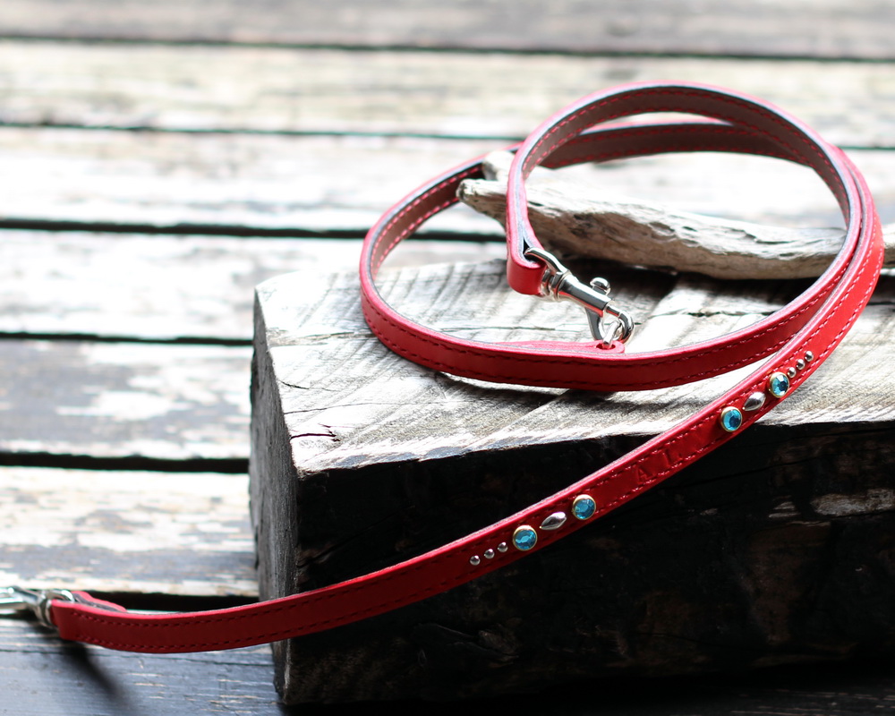 15mm幅の赤い小型犬用革リード　チワワのALちゃんのオーダーメイド品