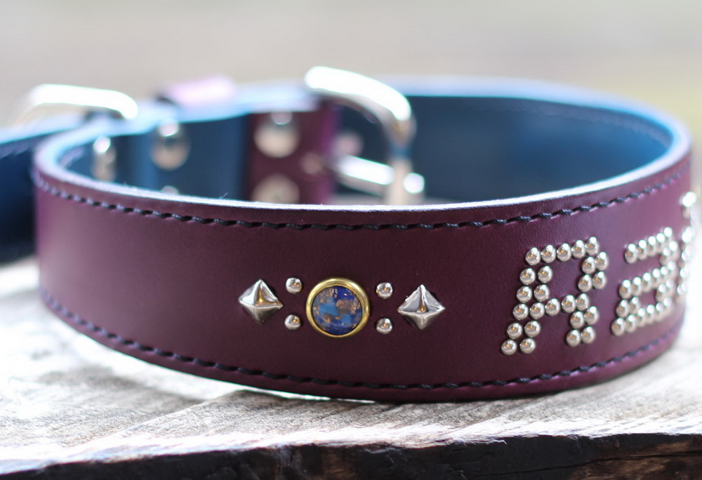 スタッズネーム大型犬用首輪　表の革紫裏の革青　ゴールデンレトリバーRaiちゃんのオーダーメイド商品　左側からの画像