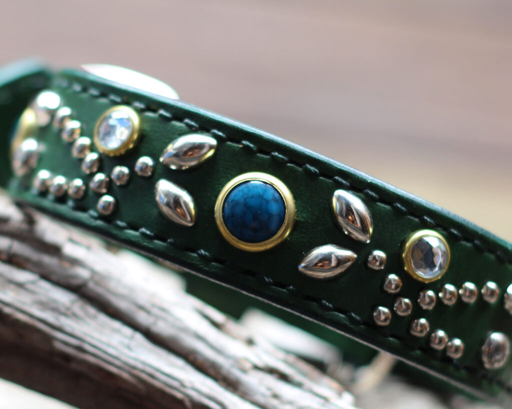 スタッズで蔦のデザインを施したグリーンの革の首輪　ウィペットオーダー品