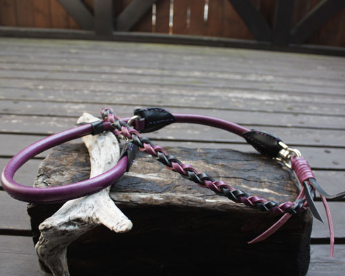 編み込みリード　持ち手丸革ソフト9㎜紫×黒