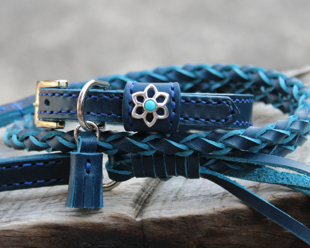 小型犬用革首輪12㎜幅と編み込みリード　青色