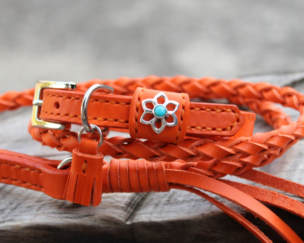 小型犬用首輪12㎜幅と編み込みリード　オレンジ