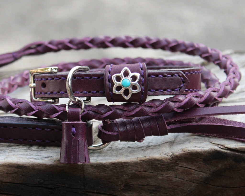 小型犬用首輪12㎜幅と編み込みリード　紫